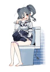 1girl :d absurdres barefoot blush breasts character_request copyright_request feet gem grey_hair highres idolmaster idolmaster_cinderella_girls long_hair ojou-sama_pose open_mouth panties pink_panties red_eyes sidelocks simple_background small_breasts smile some1else45 tile_wall tiles toilet toilet_use twintails underwear white_background