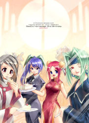 Rule 34 | 4girls, ;d, breasts, china dress, chinese clothes, cowboy shot, crossed arms, dress, green hair, hair intakes, headband, large breasts, long sleeves, looking at viewer, multiple girls, one eye closed, open mouth, parted lips, seedark, smile, text focus, upper body