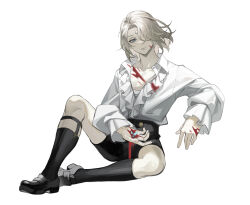 Rule 34 | 1boy, :|, black footwear, black shorts, black socks, blood, blood on chest, blood on hands, blue eyes, closed mouth, collarbone, collared shirt, expressionless, final fantasy, final fantasy xiv, forehead jewel, glass shards, grey hair, head tilt, highres, injury, knee up, long sleeves, male focus, medium hair, og-pogg, open clothes, open hand, open shirt, parted bangs, shirt, shoes, shorts, sidelocks, simple background, sitting, socks, solo, white background, white shirt, zenos yae galvus
