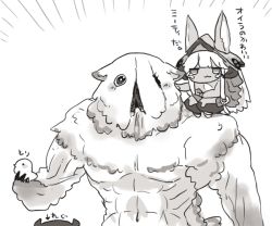 Rule 34 | 1boy, 1girl, :3, bird, blunt bangs, chick, closed mouth, creature, ears through headwear, emphasis lines, furry, greyscale, hat, jitome, long hair, made in abyss, mitty (made in abyss), monochrome, muscular, nanachi (made in abyss), negi (kyouki-beya), on shoulder, out of frame, regu (made in abyss), smile, squatting, translation request, white background