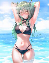 Rule 34 | 1girl, antlers, arm up, armpits, beach, bikini, black bikini, blush, braid, braided bangs, branch, breasts, ceres fauna, choker, cleavage, colored tips, commentary, english commentary, gluteal fold, green hair, hair flowing over, highres, hololive, hololive english, horns, long hair, looking at viewer, medium breasts, midriff, mole, mole under eye, multi-strapped bikini, multicolored hair, navel, single braid, sk jynx, skindentation, solo, stomach, streaked hair, swimsuit, virtual youtuber, water, yellow eyes
