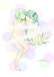 Rule 34 | 00s, 2girls, all fours, aqua hair, arm behind back, arm support, bent over, blush, breasts, censored, chama, character name, closed mouth, convenient censoring, closed eyes, female focus, flat chest, green hair, gumi, hatsune miku, imminent kiss, light censor, light rays, long hair, medium breasts, multiple girls, navel, nude, short hair, sitting, twintails, very long hair, vocaloid, yuri