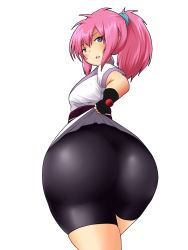 Rule 34 | 1girl, artist request, ass, bike shorts, blue eyes, blush, breasts, dougi, fingerless gloves, from behind, gloves, high ponytail, highres, huge ass, hunter x hunter, long hair, looking at viewer, looking back, looking down, machi komacine, open mouth, pink hair, ponytail, sash, solo, wide hips