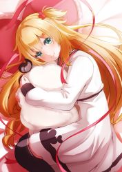 Rule 34 | 1girl, absurdres, akai haato, akai haato (casual), blonde hair, blue eyes, blush, closed mouth, dress, feet out of frame, hair ornament, hairclip, heart, heart hair ornament, heart-shaped pillow, highres, holding, holding stuffed toy, hololive, long hair, long sleeves, looking at viewer, lying, nyan (reinyan 007), on pillow, on side, one side up, pillow, red ribbon, ribbon, smile, solo, stuffed animal, stuffed sheep, stuffed toy, very long hair, virtual youtuber, white dress
