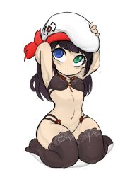 Rule 34 | 1girl, armpits, arms up, beret, black hair, blue eyes, bra, female focus, final fantasy, final fantasy xiv, full body, garlean, green eyes, hat, heterochromia, lalafell, lingerie, long hair, looking at viewer, looking up, navel, pinup (style), rodecchi, shortstack, simple background, sitting, solo, straight hair, thick thighs, thighhighs, thighs, underwear