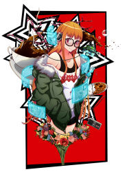 Rule 34 | 1girl, :3, absurdres, ahoge, bare shoulders, black shorts, black tank top, bouqet, bubble, closed mouth, coffee, coffee cup, controller, cup, curry, curry rice, disposable cup, flower, food, fur-trimmed jacket, fur trim, game controller, glasses, green jacket, hands in pockets, headphones, highres, highwater trousers, holographic interface, jacket, long hair, looking at viewer, off-shoulder shirt, off shoulder, orange hair, persona, persona 5, plate, print shirt, red eyes, rice, sakura futaba, shirt, short shorts, shorts, solo, spacecraft, tank top, white shirt, wire