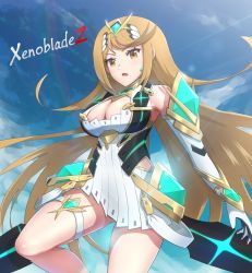 Rule 34 | 1girl, armor, blonde hair, breasts, chest jewel, cleavage cutout, clothing cutout, day, dress, gonzarez, long hair, looking at viewer, mythra (xenoblade), nintendo, open mouth, sky, solo, swept bangs, thigh strap, very long hair, xenoblade chronicles (series), xenoblade chronicles 2, yellow eyes