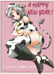 Rule 34 | 1girl, animal ears, animal print, ashita yaru, bare shoulders, bell, black footwear, boots, breasts, bridal gauntlets, chinese zodiac, covered erect nipples, cow ears, cow girl, cow horns, cow print, cow tail, cowbell, grey hair, hair intakes, happy new year, hat, horns, knee boots, large breasts, long hair, new year, open mouth, original, print bridal gauntlets, print headwear, print thighhighs, red eyes, red pupils, smile, solo, tail, tail raised, thighhighs, thighs, two-tone footwear, underboob, white footwear, year of the ox