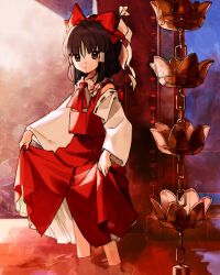 Rule 34 | 1girl, ambiguous red liquid, ascot, bow, brown eyes, brown hair, collared shirt, commentary request, crop top, crop top overhang, cropped shirt, detached sleeves, expressionless, frilled shirt collar, frills, hair bow, hakurei reimu, highres, kaigen 1025, looking at viewer, multiple hair bows, rain chain, red ascot, red bow, red shirt, red skirt, ribbon-trimmed sleeves, ribbon trim, shide, shirt, short hair, skirt, skirt hold, sleeveless, sleeveless shirt, touhou, wading, white sleeves