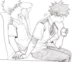 Rule 34 | 2boys, arm up, bakugou katsuki, blush, boku no hero academia, collarbone, collared shirt, couch, drinking, drinking straw, flying sweatdrops, freckles, from side, greyscale, holding hands, highres, leaning back, male focus, midoriya izuku, monochrome, multiple boys, necktie, on couch, pants, scar, scar on arm, school uniform, shirt, short hair, short necktie, sitting, spiked hair, u.a. school uniform, wengwengchim, yaoi