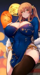 Rule 34 | 10eki (tenchou), 1girl, absurdres, black thighhighs, blue dress, blush, breasts, chinese clothes, cleavage, cleavage cutout, closed mouth, clothing cutout, coat, covered navel, curvy, dress, fur coat, girls&#039; frontline, green eyes, hair between eyes, hand on own chest, highres, huge breasts, lantern, long hair, looking at viewer, night, orange hair, sidelocks, single thighhigh, skindentation, solo, springfield (girls&#039; frontline), thighhighs, unworn coat, wide hips