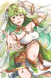 1girl alternate_costume blush breasts commentary_request dancer fire_emblem fire_emblem:_mystery_of_the_emblem green_eyes green_hair highres long_hair looking_at_viewer medium_breasts navel nintendo open_mouth palla_(fire_emblem) reaching reaching_towards_viewer smile solo standing teeth tiara tyun_nonokaze upper_teeth_only