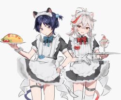Rule 34 | 2boys, ahoge, animal ears, aonisaizako, apron, bandaged hand, bandages, blush, cat boy, cat ears, cat tail, closed mouth, crossdressing, food, genshin impact, highres, ice cream, kaedehara kazuha, ketchup, looking at viewer, low twintails, maid, maid apron, maid headdress, male focus, male maid, multicolored hair, multiple boys, omelet, open mouth, purple eyes, purple hair, red eyes, red hair, scaramouche (genshin impact), short twintails, side ponytail, smile, sundae, tail, twintails, unhappy, white background, white hair