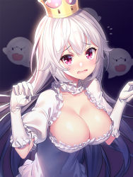 Rule 34 | 1girl, blush, boo (mario), breasts, cleavage, collar, commentary request, covered navel, crown, detached collar, dress, elbow gloves, fang, frilled collar, frilled dress, frilled gloves, frills, gloves, hair between eyes, hands up, highres, large breasts, long hair, looking at viewer, luigi&#039;s mansion, mario (series), mini crown, new super mario bros. u deluxe, nintendo, nose blush, parted lips, princess king boo, puffy short sleeves, puffy sleeves, red eyes, ririko (zhuoyandesailaer), short sleeves, sidelocks, silver hair, super crown, upper body, very long hair, white dress, white gloves