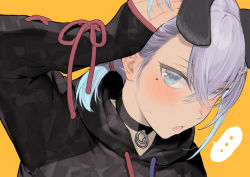 Rule 34 | ..., 1girl, animal ears, bad id, bad pixiv id, black hoodie, blue eyes, blue hair, blush, choker, close-up, commentary request, dutch angle, gradient hair, hair between eyes, hair ornament, hand on own head, hood, hoodie, ikuchan kaoru, ikuchan kaoru (character), indie virtual youtuber, looking at viewer, lower teeth only, multicolored hair, open mouth, orange background, original, purple hair, short hair, simple background, sleeves past wrists, solo, speech bubble, star (symbol), star hair ornament, star tattoo, sweat, symbol in eye, tattoo, teeth, upper body, virtual youtuber