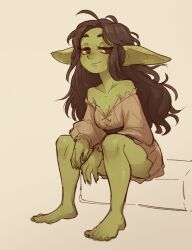 Rule 34 | 1girl, barefoot, black hair, blush, body freckles, breasts, cleavage, colored skin, commentary, dress, english commentary, female goblin, freckles, goblin, green skin, highres, large breasts, long hair, long pointy ears, looking at viewer, original, pointy ears, shortstack, simple background, sitting, smile, solo, tateoftot