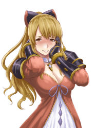 Rule 34 | 1girl, blonde hair, blush, bow, breasts, brown eyes, cleavage, dress, full-face blush, gauntlets, granblue fantasy, hair bow, hands on own face, ishii hisao, large breasts, long hair, looking at viewer, pink dress, ribbon, simple background, smile, solo, upper body, vira (granblue fantasy), white background, yandere trance