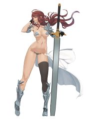 Rule 34 | 1girl, absurdres, ahoge, armor, armored boots, bikini armor, black thighhighs, blue eyes, boots, breasts, fantasy, female focus, full body, highres, long hair, original, parted lips, planted, planted sword, planted weapon, red hair, simple background, single thighhigh, skindentation, solo, sonech, standing, sword, thighhighs, weapon, white background