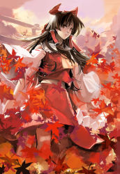 Rule 34 | 1girl, absurdres, ascot, autumn, brown hair, cloud, detached sleeves, female focus, hair ornament, hair ribbon, hakurei reimu, highres, japanese clothes, leaf, lips, long hair, miko, nanacoco, nature, outdoors, red eyes, red theme, ribbon, skirt, sky, solo, torii, touhou, wide sleeves, wind