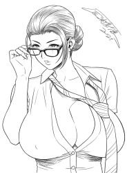 Rule 34 | 1girl, 2021, adjusting eyewear, adjusting glasses, artist name, breasts, chair, cleavage, collarbone, collared shirt, covered erect nipples, earrings, eyebrows, eyelashes, female focus, formal, glasses, hair bun, highres, huge breasts, jewelry, lips, looking at viewer, looking over eyewear, loose necktie, loose neckwear, makeup, mole, mole under eye, monochrome, necktie, neckwear request, no bra, office, office chair, office lady, open clothes, open shirt, original, puckered lips, shirt, short sleeves, signature, simple background, single hair bun, sketch, solo, suit, tatsunami youtoku, thick lips, upper body, v-shaped eyebrows, white background