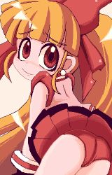 Rule 34 | 00s, 1girl, akazutsumi momoko, arched back, ass, bare back, closed mouth, earrings, eyebrows, frown, hyper blossom, jewelry, long hair, looking at viewer, lowres, oekaki, orange hair, panties, pleated skirt, powerpuff girls, powerpuff girls z, red eyes, red panties, red skirt, skirt, solo, underwear, upskirt, very long hair