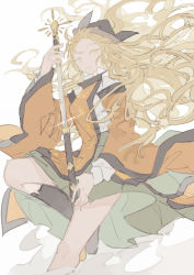 Rule 34 | 1girl, bangs pinned back, blonde hair, boots, breasts, brown hat, cape, closed mouth, constellation, constellation print, detached sleeves, eyelashes, green skirt, grey footwear, hands up, hat, highres, kyuutame, leg up, long hair, long sleeves, looking to the side, matara okina, medium breasts, orange cape, shirt, simple background, skirt, smile, solo, standing, standing on one leg, sun symbol, sword, tabard, touhou, wavy hair, weapon, white background, white shirt, wide sleeves