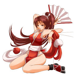 Rule 34 | 1girl, armpits, breasts, brown eyes, brown hair, cleavage, hand fan, fatal fury, folding fan, large breasts, loincloth, long hair, naughty face, pelvic curtain, ponytail, rope, shiranui mai, sitting, smile, snk, socks, solo, the king of fighters