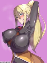 Rule 34 | 1girl, arm between breasts, arm up, armpits, between breasts, black bodysuit, blonde hair, blue eyes, blush, bodysuit, braid, breasts, check commentary, commentary request, covered erect nipples, crown braid, darkness (konosuba), hair ornament, highres, huge breasts, impossible bodysuit, impossible clothes, kono subarashii sekai ni shukufuku wo!, long hair, men teru, pink background, ponytail, puffy nipples, red ribbon, ribbon, shiny clothes, skin tight, spread armpit, steaming body, strap between breasts, sweat, v, very long hair, x hair ornament