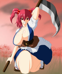 Rule 34 | 1girl, breasts, female focus, hair bobbles, hair ornament, highres, huge breasts, japanese clothes, kneeling, long skirt, onozuka komachi, pepo (absolute1123), red eyes, red hair, sandals, scythe, short hair, short twintails, skirt, socks, solo, thighs, touhou, twintails, weapon