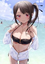 Rule 34 | 1girl, bikini, black bikini, black ribbon, blush, breasts, brown hair, chigusa minori, cleavage, closed mouth, commentary request, corrupted twitter file, cowboy shot, day, hair ribbon, halterneck, highres, horizon, jacket, jacket over swimsuit, jewelry, kokoro iroduku koi ga shitai, large breasts, long hair, looking at viewer, momiji ayaka, nail polish, navel, necklace, ocean, open clothes, open jacket, outdoors, people, red eyes, red nails, ribbon, side ponytail, sidelocks, solo focus, stomach, swimsuit, wading, white jacket