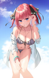 Rule 34 | 1girl, absurdres, bikini, black ribbon, blue eyes, blue sky, blunt bangs, blush, bob cut, breasts, butterfly hair ornament, cleavage, cloud, cloudy sky, collarbone, commentary request, day, front-tie bikini top, front-tie top, go-toubun no hanayome, grin, hair ornament, hair ribbon, tucking hair, hand on own knee, head tilt, highres, kukeylove, large breasts, leaning forward, looking at viewer, nakano nino, navel, outdoors, pink hair, ribbon, shirt, short hair, sidelocks, sky, smile, solo, striped bikini, striped clothes, swimsuit, teeth, two side up, vertical-striped bikini, vertical-striped clothes, wet, white shirt