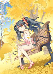 Rule 34 | 1girl, bench, black hair, book, haruse hiroki, how to, long hair, original, sitting, solo, translation request, tree, twintails, wind, yellow eyes