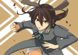 Rule 34 | 1girl, animal ears, brown eyes, brown hair, clenched hand, dog ears, gertrud barkhorn, incoming attack, incoming punch, military, military uniform, no pants, panties, punching, rikizo, solo, strike witches, twintails, underwear, uniform, white panties, world witches series