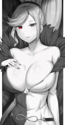 Rule 34 | 1girl, bare shoulders, belt, black eyes, breasts, cleavage, collarbone, cowboy shot, dress, hand on own chest, heterochromia, high ponytail, highres, hilda (under night in-birth), large breasts, lipstick, long hair, long sleeves, looking at viewer, makeup, multicolored clothes, multicolored dress, nail polish, partially colored, red eyes, smile, solo, soukitsu, swept bangs, under night in-birth, very long hair