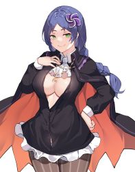 Rule 34 | 1girl, absurdres, aged up, black cloak, black shirt, blue hair, braid, breasts, button gap, cleavage, cleavage cutout, cloak, clothing cutout, commission, green eyes, hand on own chest, hand on own hip, highres, jewelry, large breasts, long hair, looking at viewer, meili portroute, necklace, open clothes, open shirt, panties, pantyhose, re:zero kara hajimeru isekai seikatsu, second-party source, shirt, single braid, skirt, smug, solo, striped clothes, striped pantyhose, thick thighs, thighs, underwear, vierzeck, white skirt