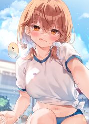 Rule 34 | 1girl, blurry, blurry background, blush, bottle, brown hair, building, buruma, chihiro (khorosho), closed mouth, cloud, collarbone, commentary request, day, hair ornament, holding, holding bottle, licking lips, lips, looking at viewer, low twintails, medium hair, navel, orange eyes, original, outdoors, paid reward available, people, pom pom (clothes), pom pom hair ornament, reaching, reaching towards viewer, shirt, short sleeves, short twintails, solo, speech bubble, squatting, sweatdrop, tied shirt, tongue, tongue out, translation request, twintails, water bottle