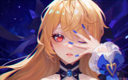 Rule 34 | 1girl, 6905266, absurdres, artist name, bare shoulders, blonde hair, blue nails, collar, collarbone, detached collar, fischl (genshin impact), genshin impact, hair over one eye, hair ribbon, highres, long hair, looking at viewer, nail polish, one eye closed, open mouth, purple collar, purple ribbon, red eyes, ribbon, solo, upper body