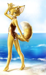 Rule 34 | 1girl, :3, absurdres, adjusting eyewear, agnes (fantastic mr. fox), ancesra, animal ear fluff, animal ears, animal nose, arm up, artist name, ass, barefoot, beach, blue background, blue sky, body fur, brown one-piece swimsuit, choker, cloud, day, eyewear on head, fangs, fantastic mr. fox, female focus, flat chest, fox ears, fox girl, fox tail, freckles, from behind, full body, furry, furry female, goggles, happy, highres, horizon, kneepits, lens flare, looking at viewer, looking back, ocean, one-piece swimsuit, open mouth, orange choker, outdoors, sand, signature, sky, smile, snout, solo, standing, swimsuit, tail, tongue, two-tone fur, water, wet, wet clothes, wet swimsuit, white fur, yellow eyes, yellow fur