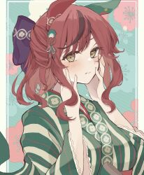 Rule 34 | 1girl, animal ears, blush, bow, breasts, brown eyes, brown hair, closed mouth, commentary request, ear covers, eyebrows hidden by hair, hair bow, hands on own face, hands up, highres, horse ears, japanese clothes, kimono, long hair, long sleeves, looking at viewer, multicolored hair, nice nature (converging wishes) (umamusume), nice nature (negaino kasane) (umamusume), nice nature (umamusume), purple bow, ri cochet, small breasts, solo, streaked hair, striped clothes, striped kimono, umamusume, upper body, vertical-striped clothes, vertical-striped kimono, wide sleeves