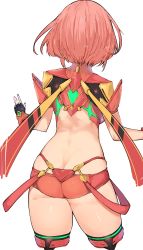 Rule 34 | 1girl, absurdres, armor, ass, back, backboob, backless outfit, boots, breasts, butt crack, duplicate, fingerless gloves, from behind, gloves, highres, kei (soundcross), nintendo, pyra (xenoblade), red hair, short hair, short shorts, shorts, simple background, thigh boots, thighhighs, white background, xenoblade chronicles (series), xenoblade chronicles 2