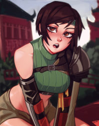Rule 34 | 1girl, architecture, armor, bare shoulders, breasts, brown eyes, brown hair, chest strap, cowboy shot, crop top, east asian architecture, elbow gloves, final fantasy, final fantasy vii, final fantasy vii remake, gloves, green shirt, grey shorts, headband, highres, leaning forward, looking at viewer, medium breasts, open mouth, outdoors, qtori, ribbon, shirt, short hair, short shorts, shorts, shoulder armor, single sleeve, sleeveless, sleeveless turtleneck, solo, square enix, teeth, turtleneck, upper teeth only, v arms, wutai, yellow ribbon, yuffie kisaragi