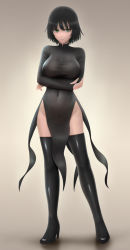 Rule 34 | 1girl, black dress, black footwear, black hair, black thighhighs, boots, breasts, cosplay, covered navel, crossed arms, dress, fubuki (one-punch man), full body, green eyes, high heel boots, high heels, highres, large breasts, long sleeves, looking at viewer, no panties, one-punch man, pelvic curtain, short hair, side slit, siraha, solo, standing, tatsumaki (cosplay), taut clothes, taut dress, thigh boots, thighhighs, thighs