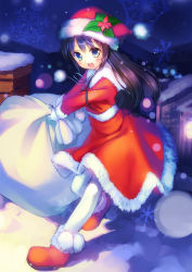 1girl :d black_hair blue_eyes blush boots chimney christmas dress female_focus fur_trim gloves hat highres long_hair long_skirt looking_at_viewer open_mouth original outdoors pantyhose ribbon sack santa_costume santa_hat skirt smile snowflakes solo takoyaki_(roast) white_gloves white_pantyhose