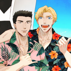 Rule 34 | 2boys, :d, alternate costume, ao isami, arm around shoulder, artist request, black hair, blonde hair, couple, facial hair, hawaiian shirt, highres, lewis smith, looking at viewer, male focus, multiple boys, open mouth, pectoral cleavage, pectorals, shirt, sideburns stubble, smile, stubble, thick eyebrows, upper body, w, yaoi, yuuki bakuhatsu bang bravern