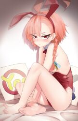 Rule 34 | 1girl, ahoge, animal ears, bare legs, barefoot, blue archive, blush, braid, closed mouth, fake animal ears, feet, flat chest, full body, huge ahoge, leotard, long hair, looking at viewer, mole, mole under eye, neru (blue archive), nipples, orange hair, pillow, playboy bunny, rabbit ears, red eyes, red leotard, sanso (oxygen), side braid, single braid, sitting, soles, solo, toe-point, toes, yes-no pillow