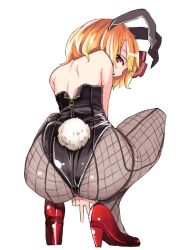 Rule 34 | 1girl, animal ears, ass, ass focus, back, black pantyhose, blonde hair, fishnet pantyhose, fishnets, full body, high heels, leotard, looking at viewer, pantyhose, playboy bunny, rabbit ears, rabbit tail, red eyes, red footwear, rumia, shoes, short hair, simple background, solo, squatting, tail, touhou, v, white background, yunuki uta, zipper