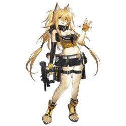 Rule 34 | 1girl, ahoge, animal ears, animal feet, animal hands, animal nose, bahao diqiu, bare shoulders, black scarf, black shorts, black sleeves, blonde hair, breasts, chest tuft, crop top, detached sleeves, fang, fingerless gloves, full body, furrification, furry, furry female, game cg, girls&#039; frontline, gloves, gun, hair between eyes, highres, holding, holding gun, holding weapon, long hair, looking at viewer, machine pistol, medium breasts, midriff, minebea pm-9, navel, official art, open mouth, pm-9 (girls&#039; frontline), pm-9 (invincible golden tornado) (girls&#039; frontline), pm-9 (undefeated golden tornado) (girls&#039; frontline), sandals, scarf, shorts, simple background, single detached sleeve, solo, standing, submachine gun, tail, thigh strap, transparent background, twintails, very long hair, waving, weapon, yellow crop top, yellow eyes, yellow footwear, yellow gloves