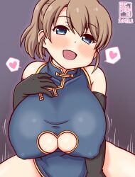 Rule 34 | 1girl, alternate costume, artist logo, blue dress, blue eyes, blush, bouncing breasts, breasts, brown background, brown hair, china dress, chinese clothes, covered penetration, dated, dress, elbow gloves, girl on top, gloves, implied sex, intrepid (kancolle), kanon (kurogane knights), kantai collection, large breasts, looking at viewer, one-hour drawing challenge, open mouth, ponytail, short hair, smile, solo focus