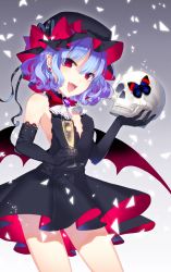 Rule 34 | 1girl, alcohol, alternate color, alternate costume, bat wings, blue hair, bow, bug, butterfly, champagne, elbow gloves, fang, gloves, hat, hat bow, highres, bug, mob cap, open mouth, red eyes, remilia scarlet, skull, solo, touhou, wings, yusano