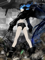 Rule 34 | 10s, 1girl, ass, black hair, black rock shooter, black rock shooter (character), boots, female focus, full body, glowing, glowing eyes, high heels, knife, ldl, legs, long hair, shoes, shorts, solo, very long hair